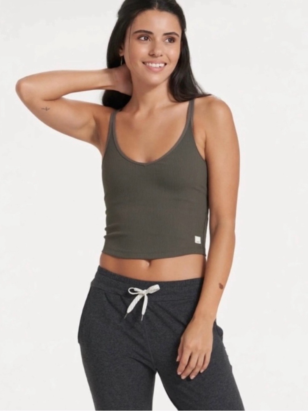 Vuori Ribbed Scoop Crop Tank Top - Olive Green